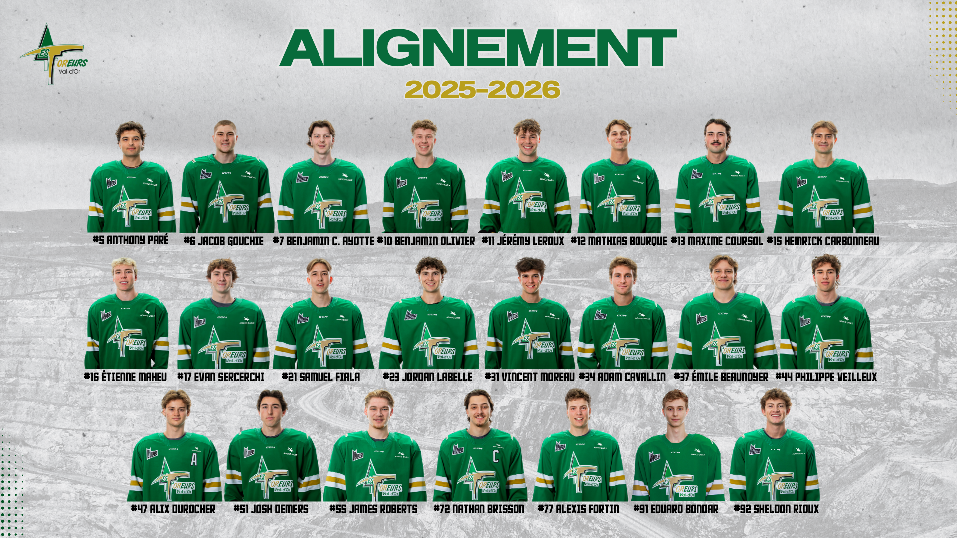 Les 23 joueurs de hockey de l'alignement 2025-2026 des Foreurs de Val-d'Or avec le numéro pour chacun d'entre eux.