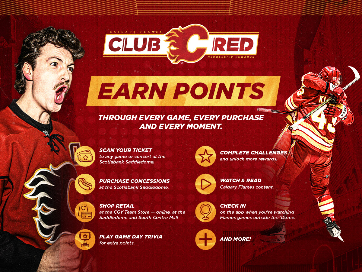 Ways to earn Club Red points: scan your ticket at games, buy concessions and team store merchandise, play game day trivia, and check in on the app.