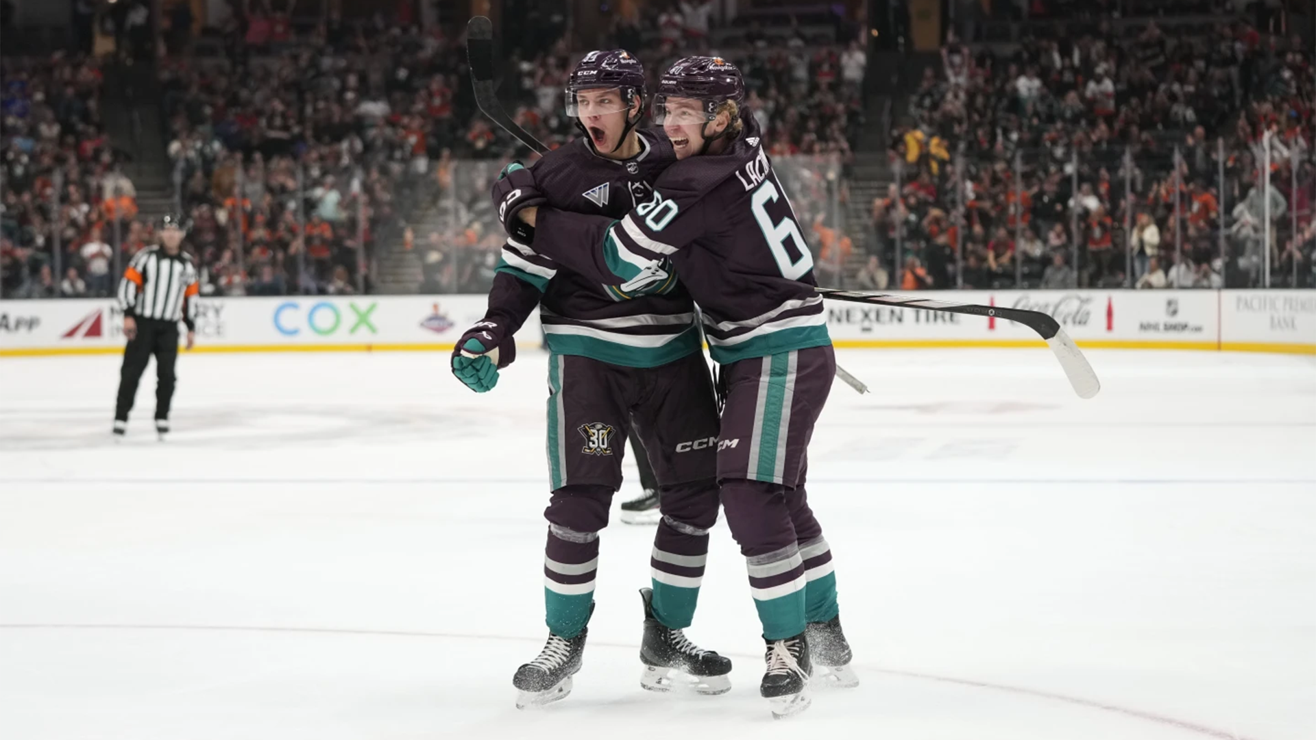 Pavel Mintyukov celebrates his first NHL goal