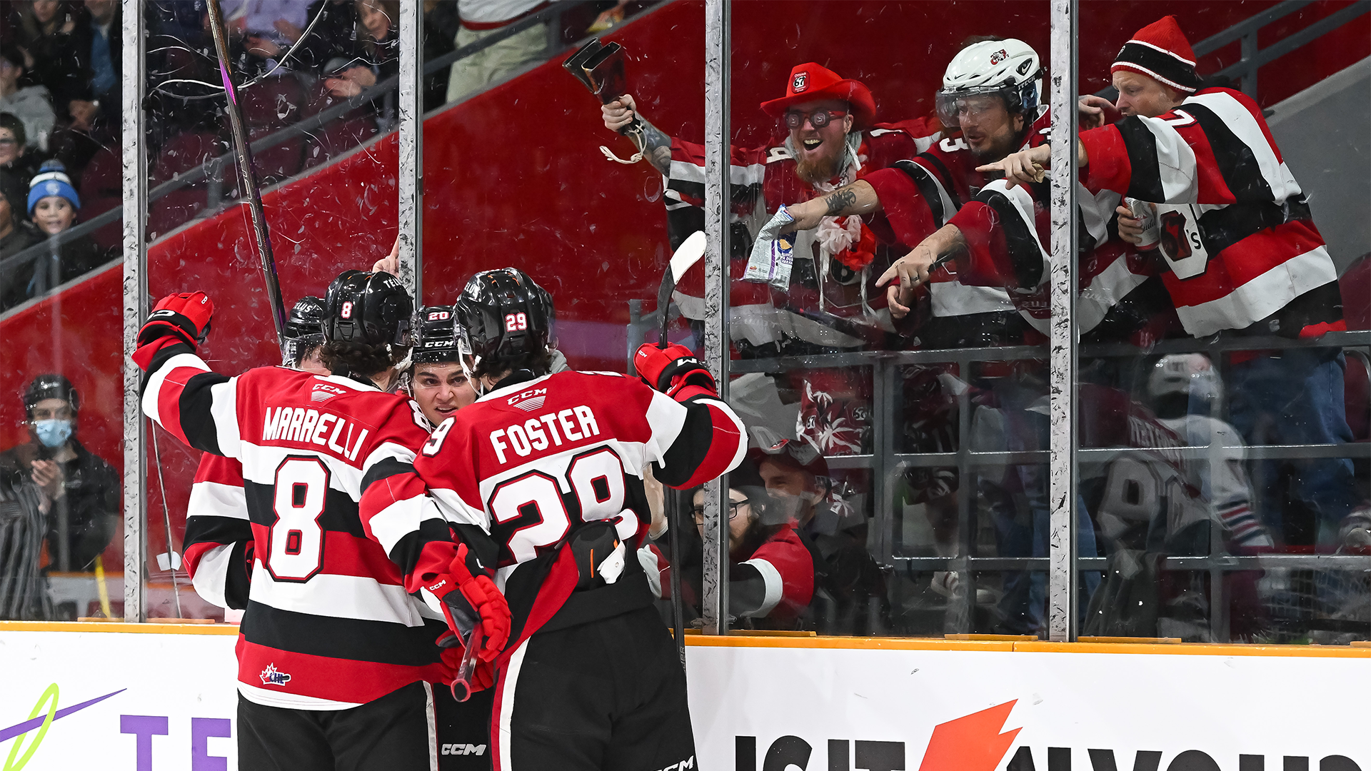 Hockey players celebrating a win