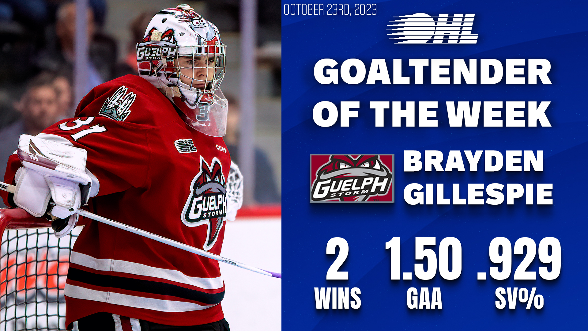 Brayden Gillespie named OHL Goaltender of the Week Guelph Storm