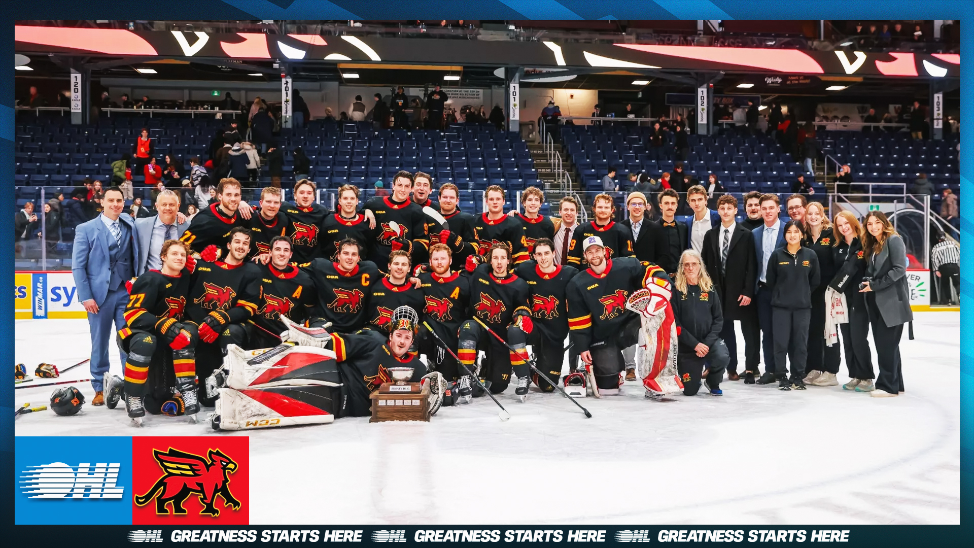 Guelph Gryphons celebrate Frosty Mug win at the sold out Sleeman Centre