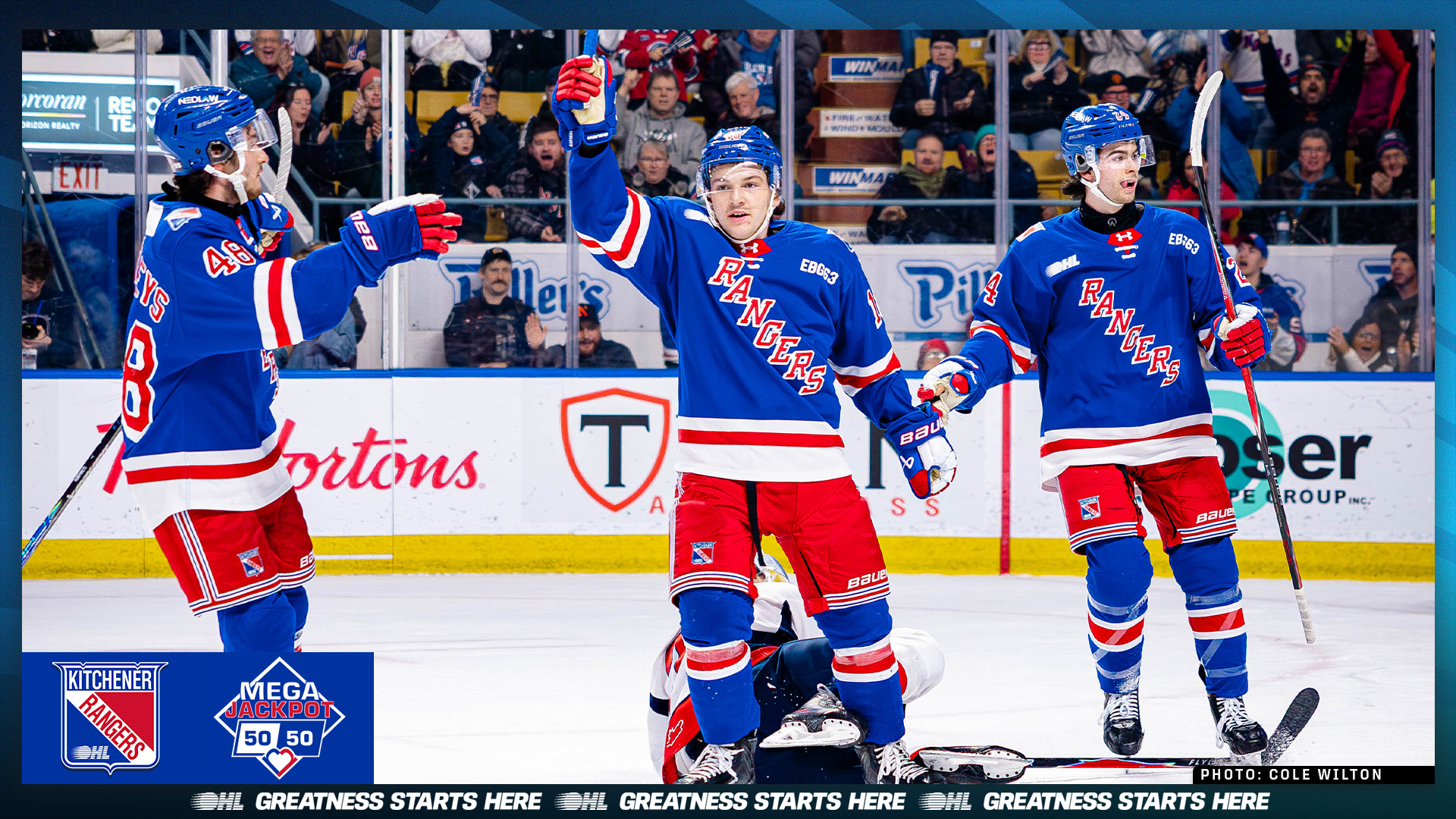 Kitchener Rangers fans celebrate during a game at The Aud as Rangers Reach launches the 2026 50 50 Mega Jackpot fundraiser.