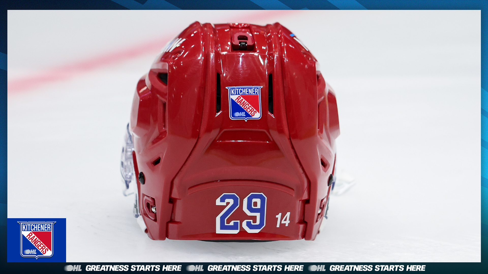 No. 14 Harrison Yoshy memorial decal on a Kitchener Rangers hockey helmet