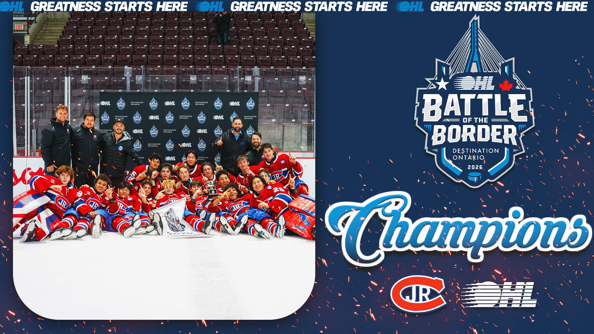 Toronto Jr. Canadiens celebrate winning the 2026 OHL Battle of the Border championship in Windsor