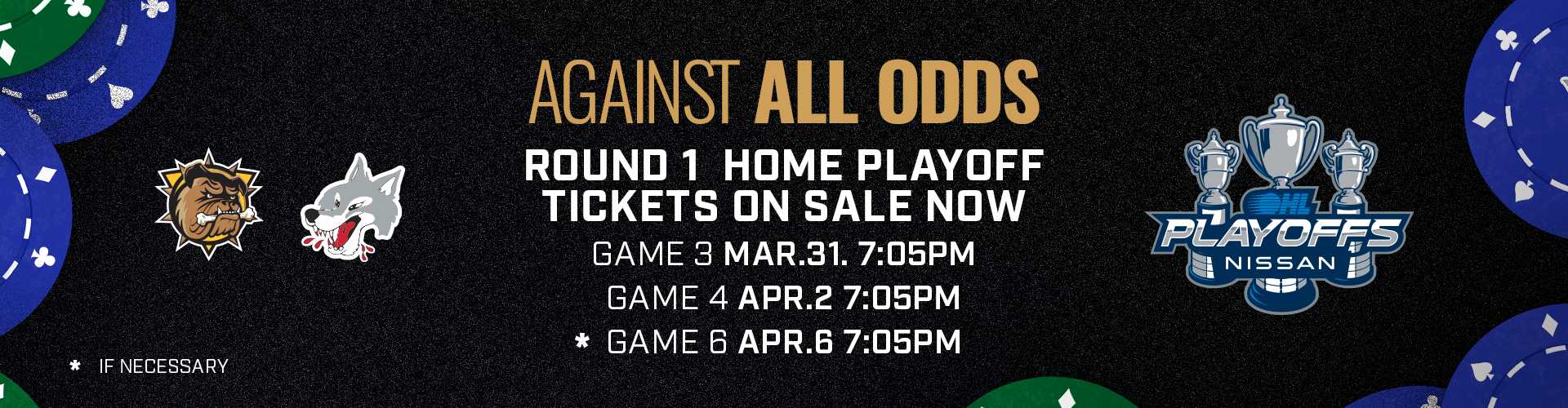 Against all odds: Round 1 home playoff tickets on sale now Game 3: March 31, 7:05 PM Game 4: April 2, 7:05 PM Game 6 (if necessary): 7:05 PM