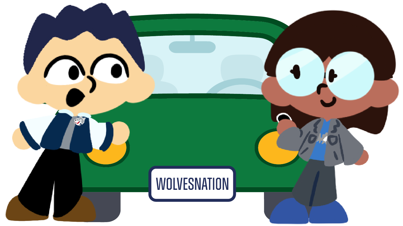 An illustration of two people standing outside of a green car