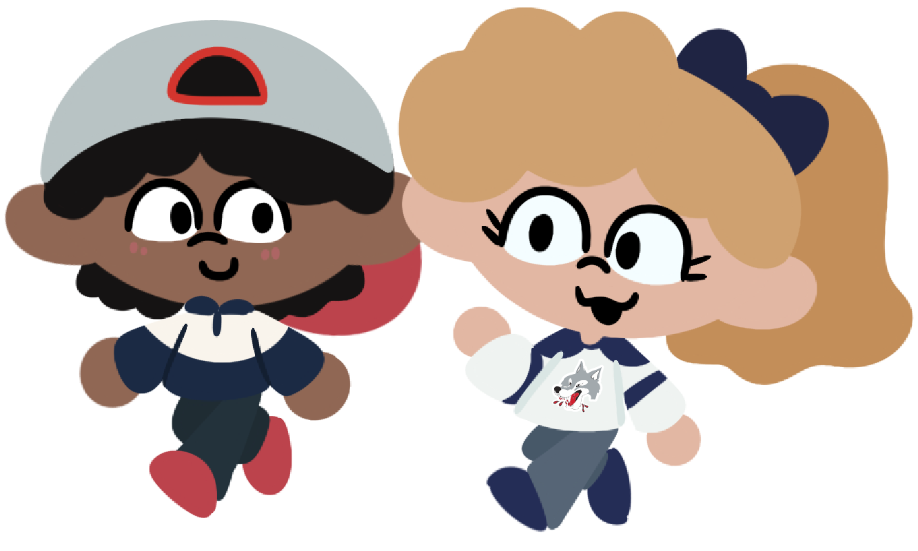 An illustration of two Sudbury Wolves fans walking and talking