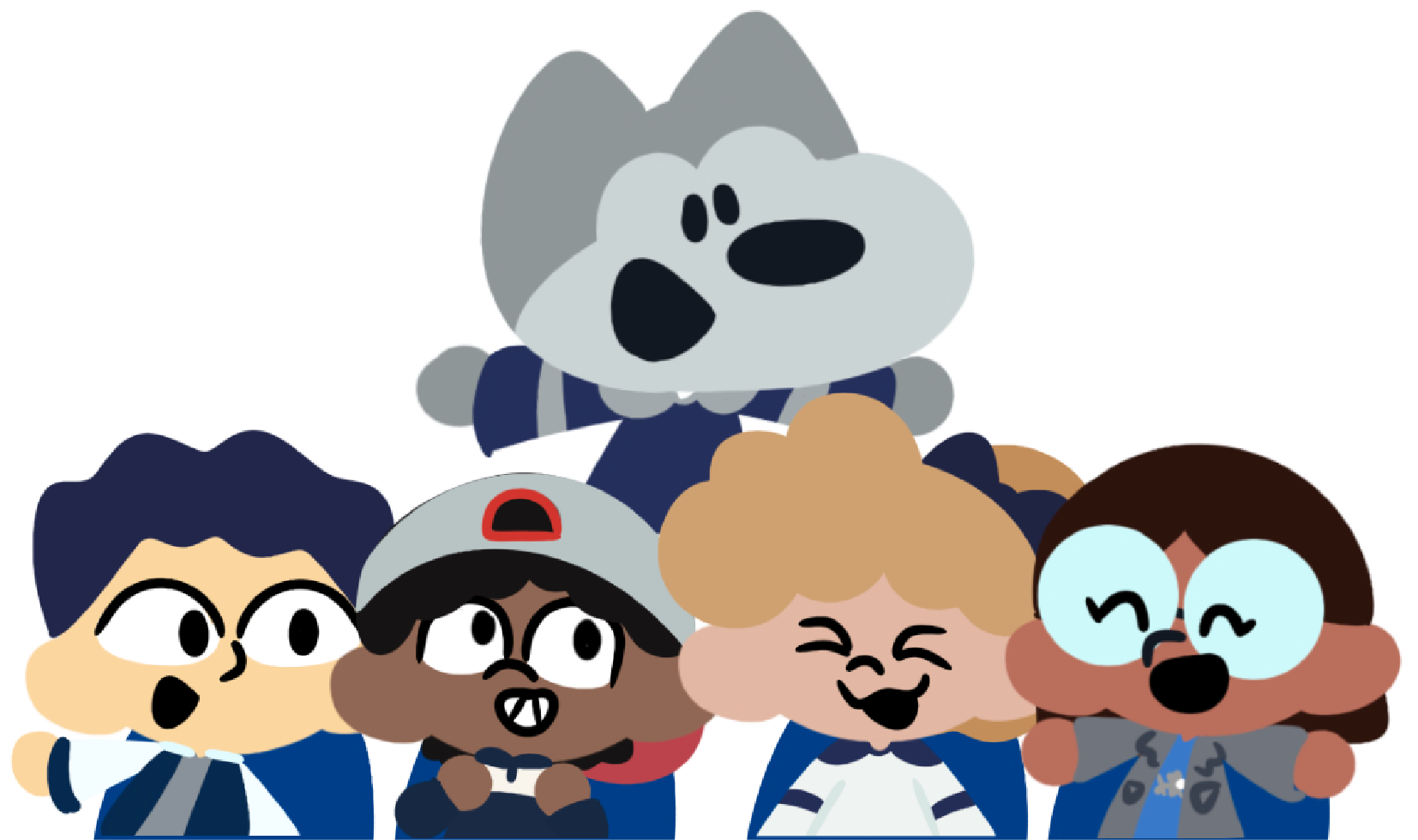 An illustration of four Sudbury Wolves fans and Howler smiling and cheering