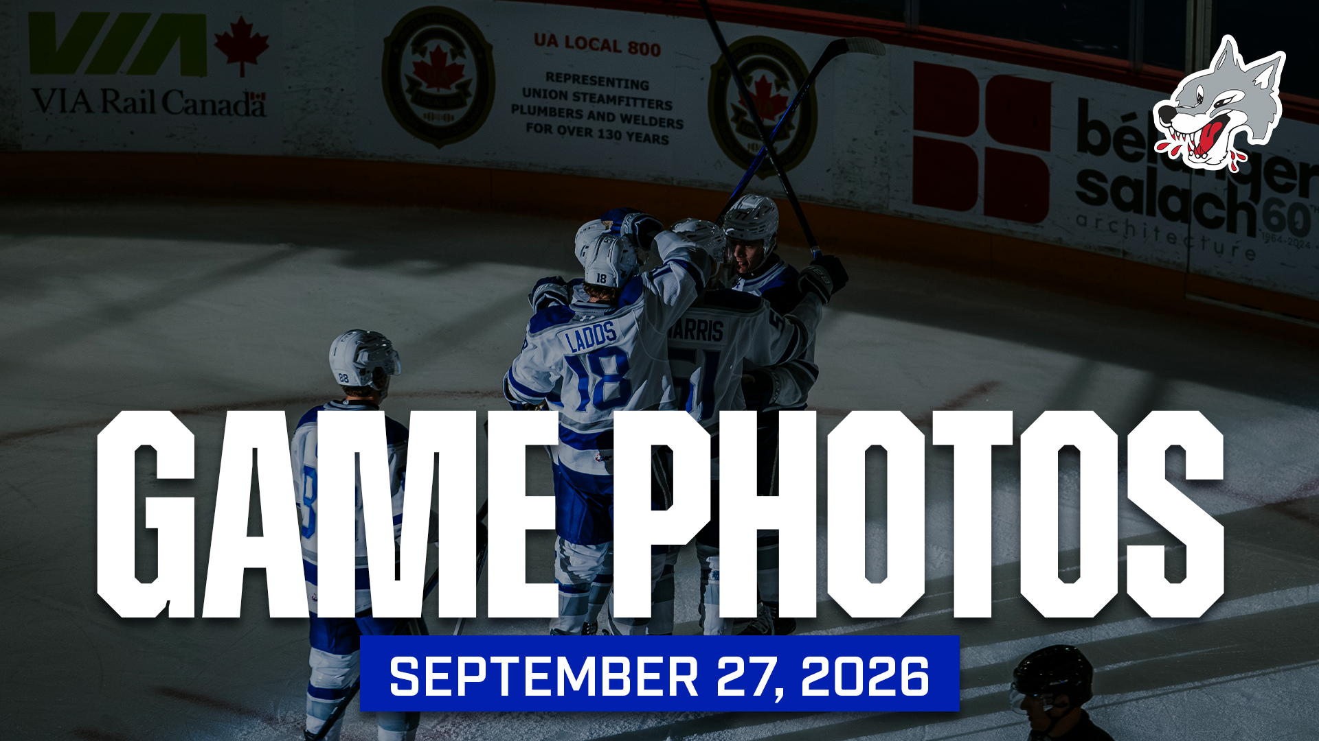 Text: Sudbury Wolves Game Photos - September 27, 2026 Image: Sudbury Wolves players celebrating on the ice following Norman Greene's first OHL goal.