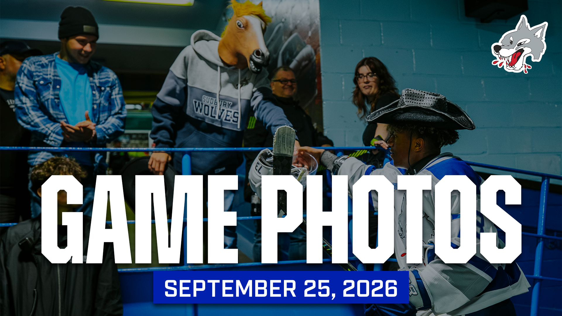 Text: Sudbury Wolves Game Photos - September 25, 2026 Image: Kash Kwajah in his hockey gear and a light-up cowboy hat taking his helmet from a person wearing a horse head.
