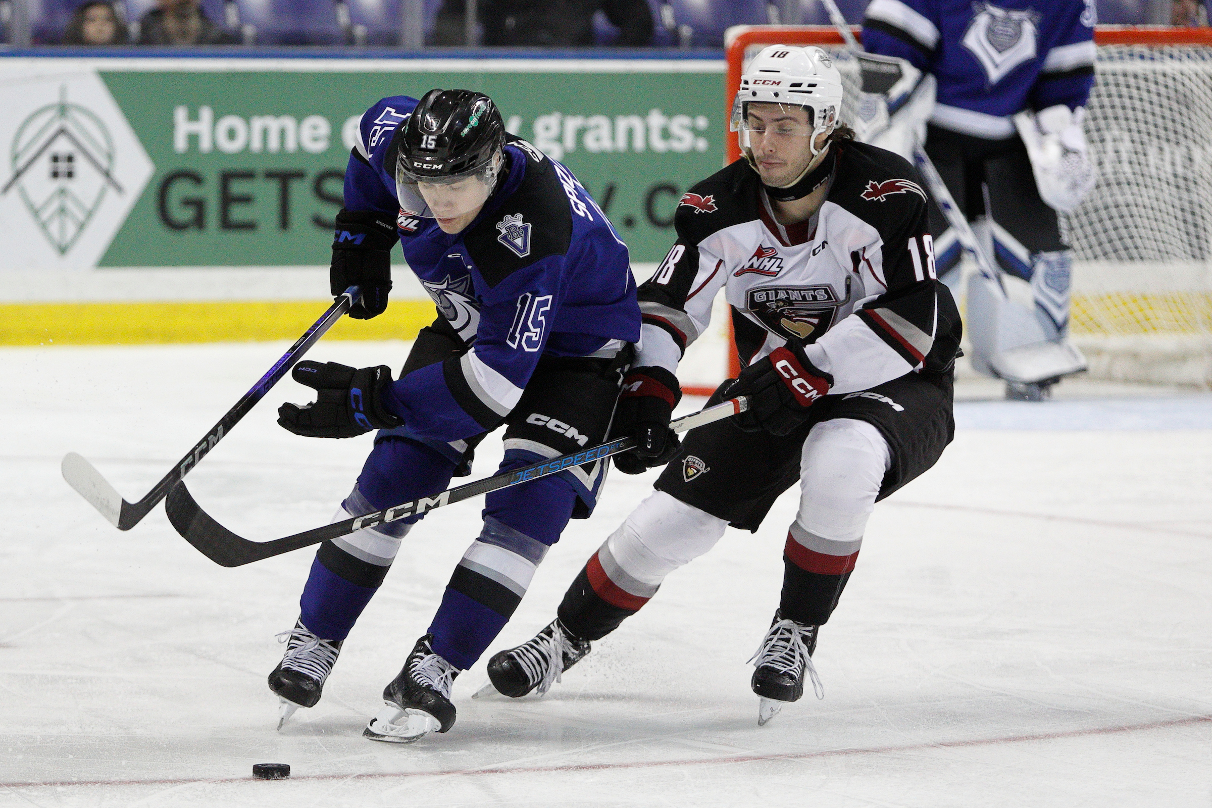 Tyson Zimmer (right) battles for the puck with Ryan Spizawka during Sunday action in Victoria (Kevin Light).